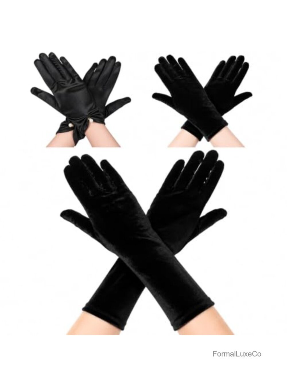 3 Pairs Short Satin Gloves Wrist Length Elbow Pearl Accent Opera Party